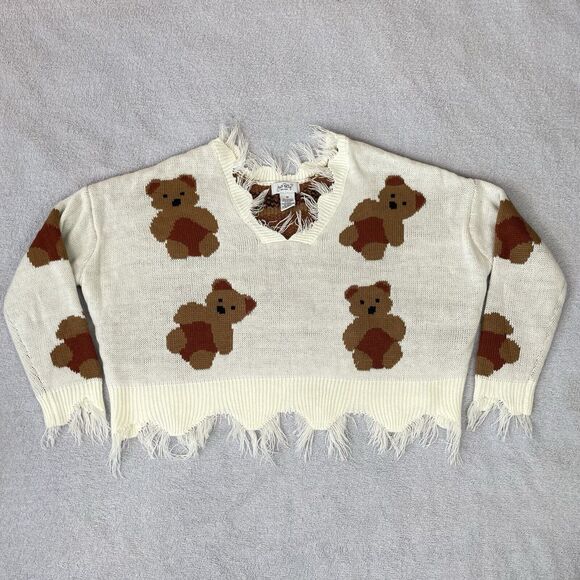 Just Polly NY Teddy Bear Sweater Women's Medium V-Neck Fray Frilly Knit - Picture 12 of 14